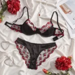 Black Rose Embroidered Tulle Push-Up Lingerie Set