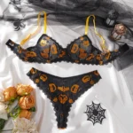 Black Pumpkin Skull Mesh Push-Up Lingerie Set