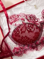 Wine Red Tulle Embroidered Mesh Lingerie Set - Image 3