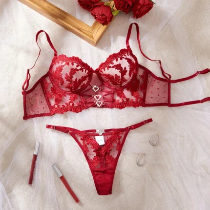 Wine Red Embroidery Rhinestone Lingerie Set