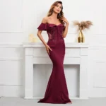 Satin Off Shoulder Beaded Party Dress - Image 3