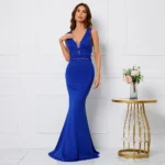Blue V-Neck Beaded Illusion Maxi Dress - Image 2