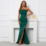 Green Off-Shoulder Satin Slit Maxi Dress