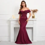 Satin Off Shoulder Beaded Party Dress - Image 2