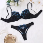 Black Blue Floral Embroidered Push-Up Lingerie Set