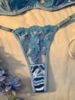 Light Blue Floral Embroidered Mesh Lingerie Set - Image 3