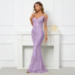 Purple Sequin Beaded V-Neck Maxi Dress - Image 3