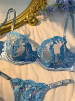 Light Blue Floral Embroidered Mesh Lingerie Set - Image 2