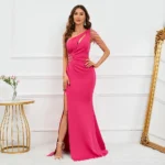 Rose Red Satin Slit Beaded Maxi Dress - Image 2