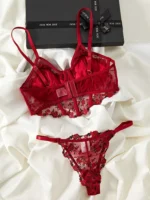 Wine Red Floral Embroidery Push-Up Lingerie Set - Image 2