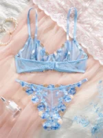 Daring Blue Lace Embroidered Mesh Lingerie Set - Image 2