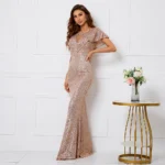 Gold Sequin V Neck Long Maxi Dress