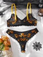 Black Pumpkin Skull Mesh Push-Up Lingerie Set - Image 2