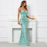 Green Sequin V Neck Maxi Party Dress - Image 3
