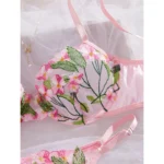 Pink Floral Embroidered Mesh Lingerie Set - Image 3