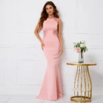 Pink Beaded O-Neck Mermaid Maxi Dress - Image 3
