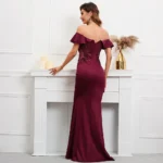 Satin Off Shoulder Beaded Party Dress - Image 4