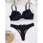 Black Blue Floral Embroidered Push-Up Lingerie Set - Image 2