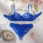 Dark Blue Heart Print Lace Push-Up Lingerie Set