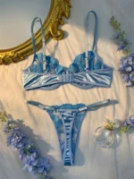 Light Blue Floral Embroidered Mesh Lingerie Set - Image 4