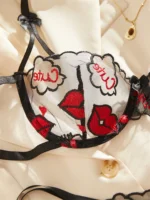 Black Red-Lip Embroidery Mesh Lingerie Set - Image 3