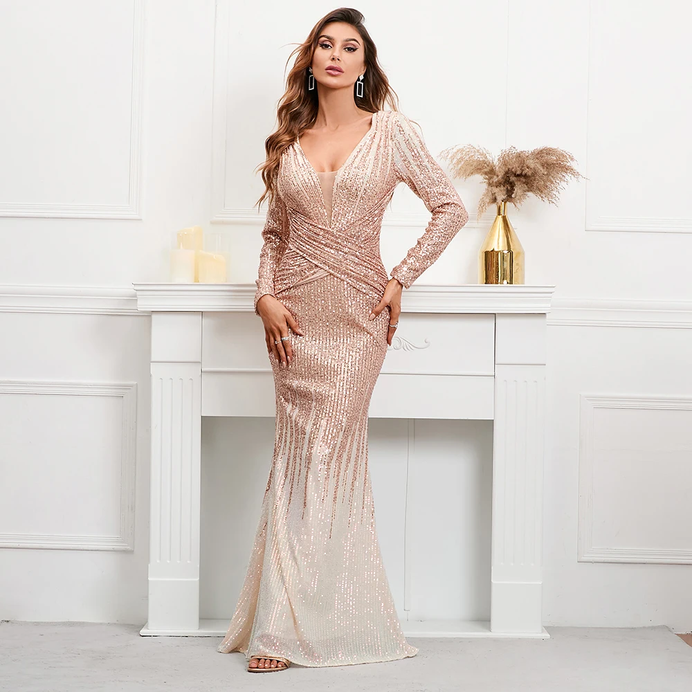 kf-Sc53641c0ef464c3392703c57e78f081dF-YIDINGZS-Stretch-Gold-Sequined-Maxi-Dress-Full-Sleeve-V-Neck-Mermaid-Evening-Night-Long-Party-Prom.webp Gold V Neck Sequin Full Sleeve Dress - Image 1