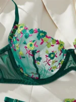 Dark Green Floral Embroidered Mesh Push-Up Lingerie Set - Image 4