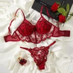 Wine Red Floral Embroidery Push-Up Lingerie Set