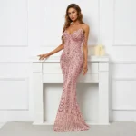 Pink Sequin Beaded V Neck Maxi Dress - Image 3