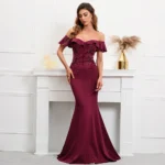 Satin Off Shoulder Beaded Party Dress