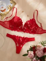 Romantic Red Lace Push-Up Translucent Lingerie Set - Image 3