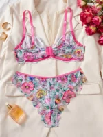 Rose Red Floral Mesh Push-Up Lingerie Set - Image 2