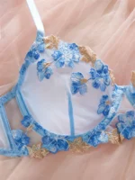 Daring Blue Lace Embroidered Mesh Lingerie Set - Image 3