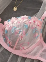 Pink Floral Embroidery Push-Up Mesh Lingerie Set - Image 3