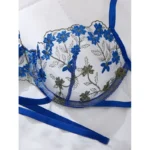 Blue Floral Embroidered Mesh Lingerie Set - Image 3