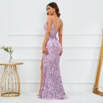 Purple Sequin Slit Beaded Maxi Dress - Image 2