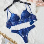 Dark Blue Tulle Embroidery Push-Up Lingerie Set