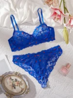 Dark Blue Heart Print Lace Push-Up Lingerie Set - Image 2