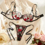 Black Red-Lip Embroidery Mesh Lingerie Set