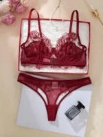 Wine Red Tulle Embroidered Mesh Lingerie Set - Image 2
