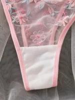 Pink Floral Embroidery Push-Up Mesh Lingerie Set - Image 4