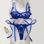 Blue Floral Embroidered Tulle Push-Up Lingerie Set