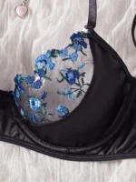 Black & Blue Mesh Embroidered Push-Up Lingerie Set - Image 3