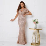 Gold Sequin V Neck Long Maxi Dress - Image 2